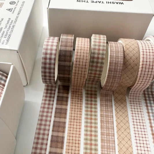 Juego de 8 Cintas Washi Retro – Cinta Adhesiva Decorativa Vintage de Cuadrícula para Álbumes de Recortes, Diarios y Manualidades