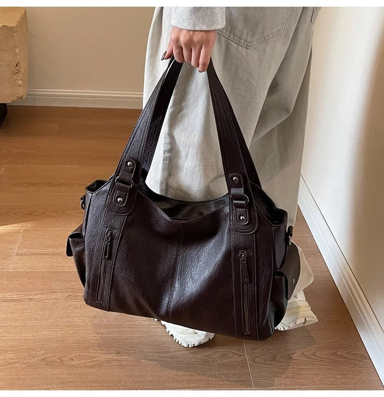 Women’s PU Leather Shoulder Bag – 2026 Fashion Handbag with Soft Interior Compartment, Contrast Color Design, Zipper Closure, Stylish Everyday Purse for Work, Travel & Casual Use