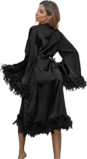 Women’s Satin Robe – Feather Trim Long Sleeve Solid Color Sleepwear Casual Loungewear Bathrobe