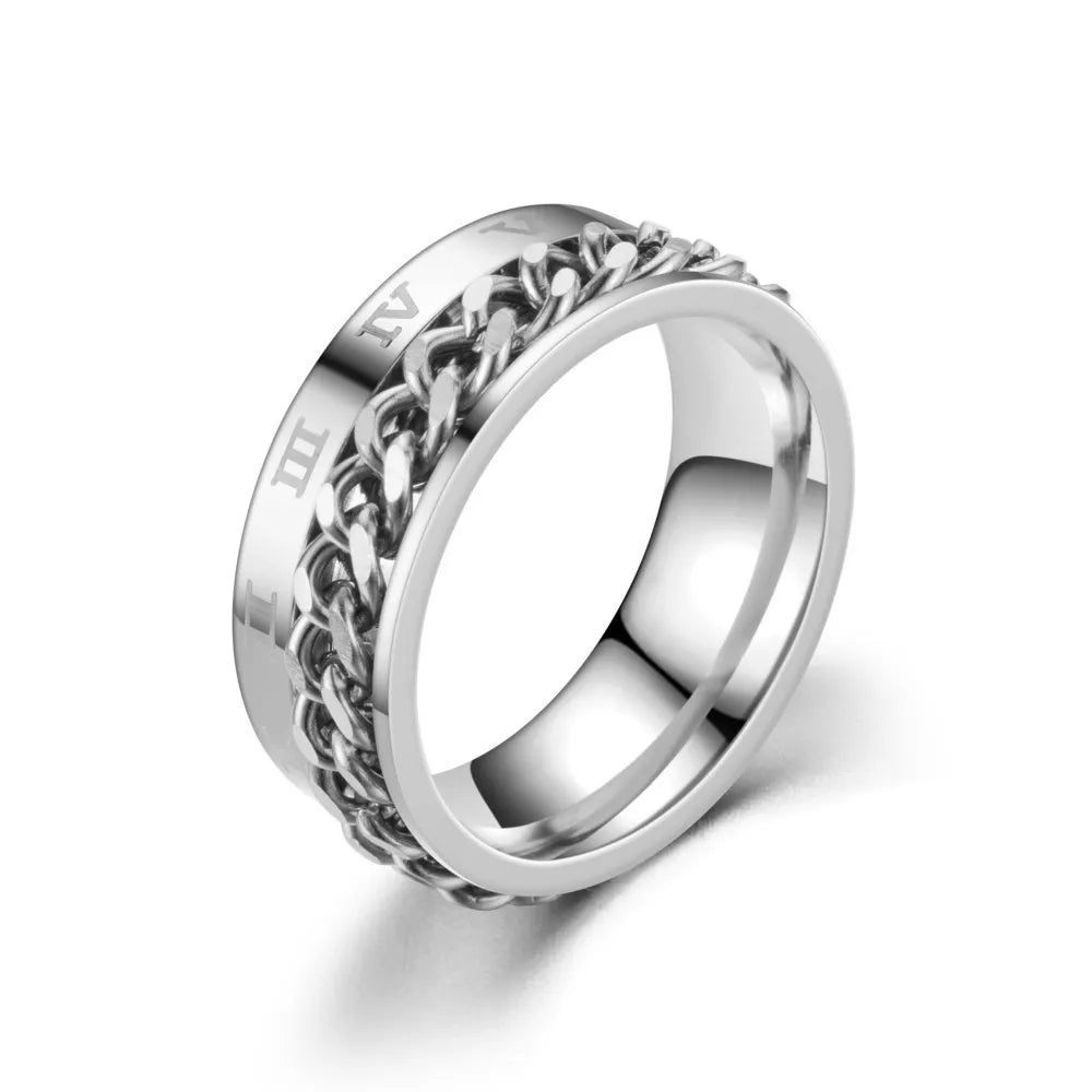 Roman Numeral Spinner Ring – Stainless Steel Chain Rotating Anxiety Fidget Ring for Men | Black Metal Stress Relief Jewelry