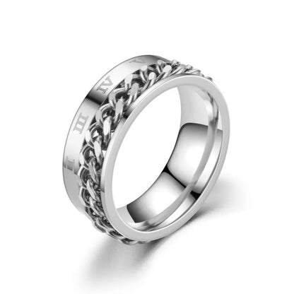 Roman Numeral Spinner Ring – Stainless Steel Chain Rotating Anxiety Fidget Ring for Men | Black Metal Stress Relief Jewelry