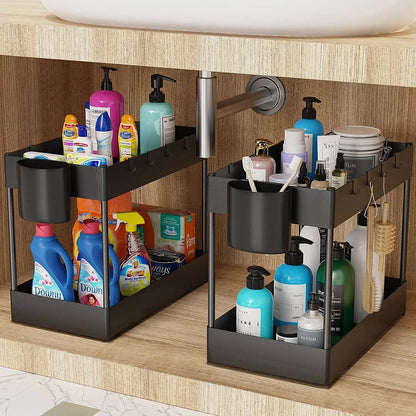 2-Tier Pull Out Under Sink Organizer – Slide-Out Cabinet Storage Rack with Hooks & Cups for Kitchen & Bathroom