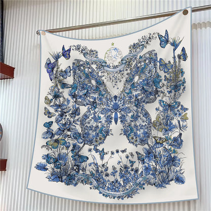 Foulard carré en soie 90 cm pour femme, motif floral, sergé de luxe, bandana, châle, hijab, cache-col, écharpe de tête