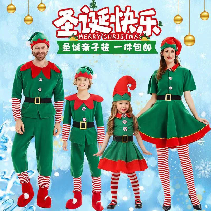 Christmas Santa Claus and Green Elf Costumes for Adults and Kids, Family Matching Cosplay Outfits for Xmas Parties, Carnival, New Year Performances and Holiday Gifts