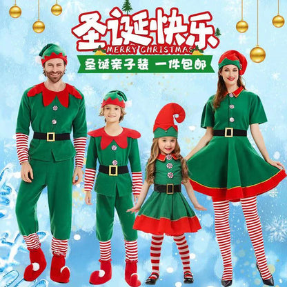 Christmas Santa Claus and Green Elf Costumes for Adults and Kids, Family Matching Cosplay Outfits for Xmas Parties, Carnival, New Year Performances and Holiday Gifts