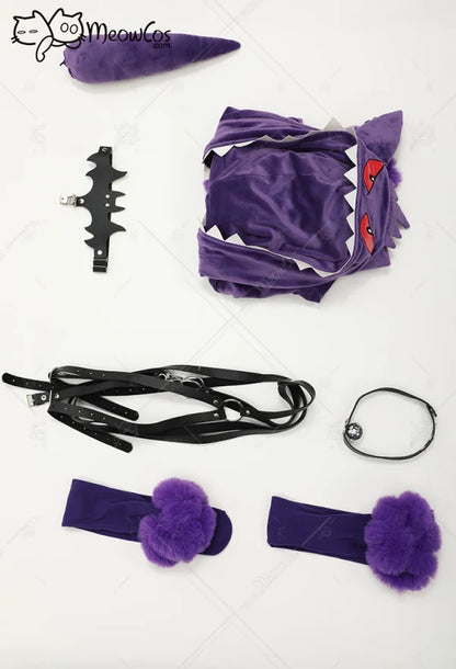 Meowcos Genga Cosplay Costume – Purple Ghost Romper Bodysuit | Hooded Plush Outfit with Belt, Tail & Socks (Halloween / Women)