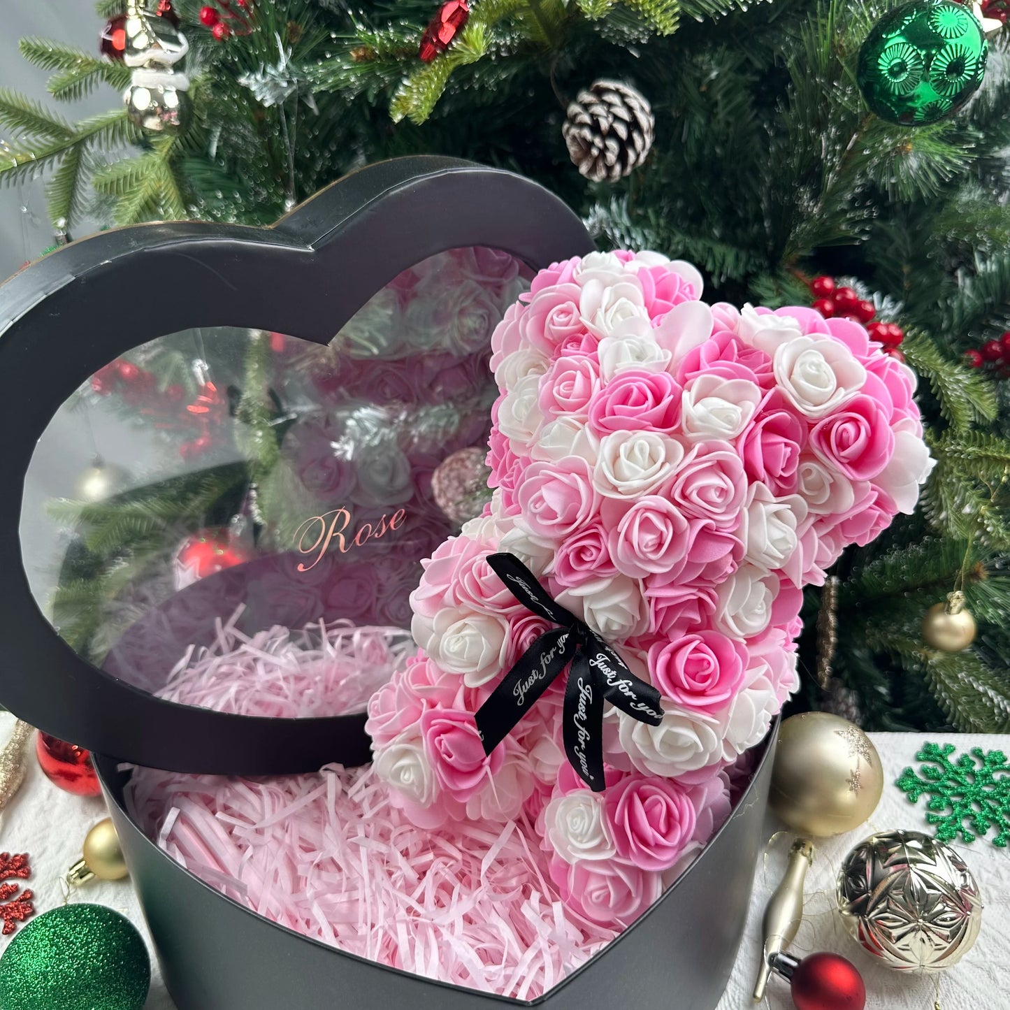 Oso de rosas artificiales de 25 cm con caja de regalo – Regalo romántico para ella en San Valentín, aniversario y boda