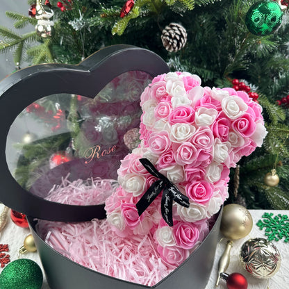 Oso de rosas artificiales de 25 cm con caja de regalo – Regalo romántico para ella en San Valentín, aniversario y boda