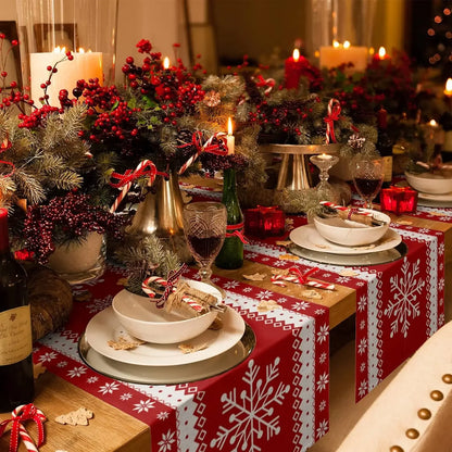 Christmas Red Snowflake Table Runner – Washable Xmas Dresser Scarf for Dining Table, Holiday Party & Home Christmas Decorations
