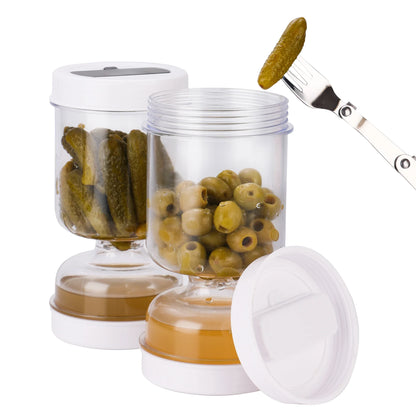 Pickle & Olive Storage Jar with Fork – Dual Dry & Wet Dispenser Hourglass Container, Cucumber & Pickle Keeper with Juice Separator for Kitchen