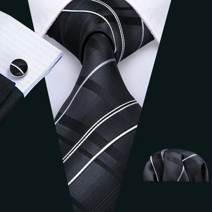 Set de corbata negra para hombre con pañuelo de bolsillo y gemelos. Corbata tejida para ocasiones formales de negocios o bodas.