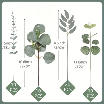 50/90 PIÈCES Bouquet de Fleurs Artificielles Eucalyptus – Mélange de Verdure Feuilles de Saule Argenté Eucalyptus pour Arrangements Floraux de Mariage & Décoration Intérieure DIY