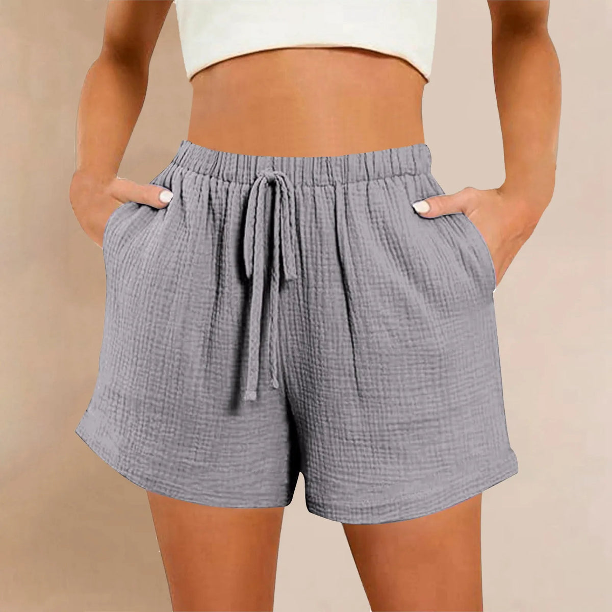 Women's Summer Cotton Crepe Shorts – Solid-Color Washed Double-Layer Gauze Lightweight Shorts, Soft Breathable & Comfortable Casual Wear