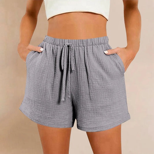 Women's Summer Cotton Crepe Shorts – Solid-Color Washed Double-Layer Gauze Lightweight Shorts, Soft Breathable & Comfortable Casual Wear