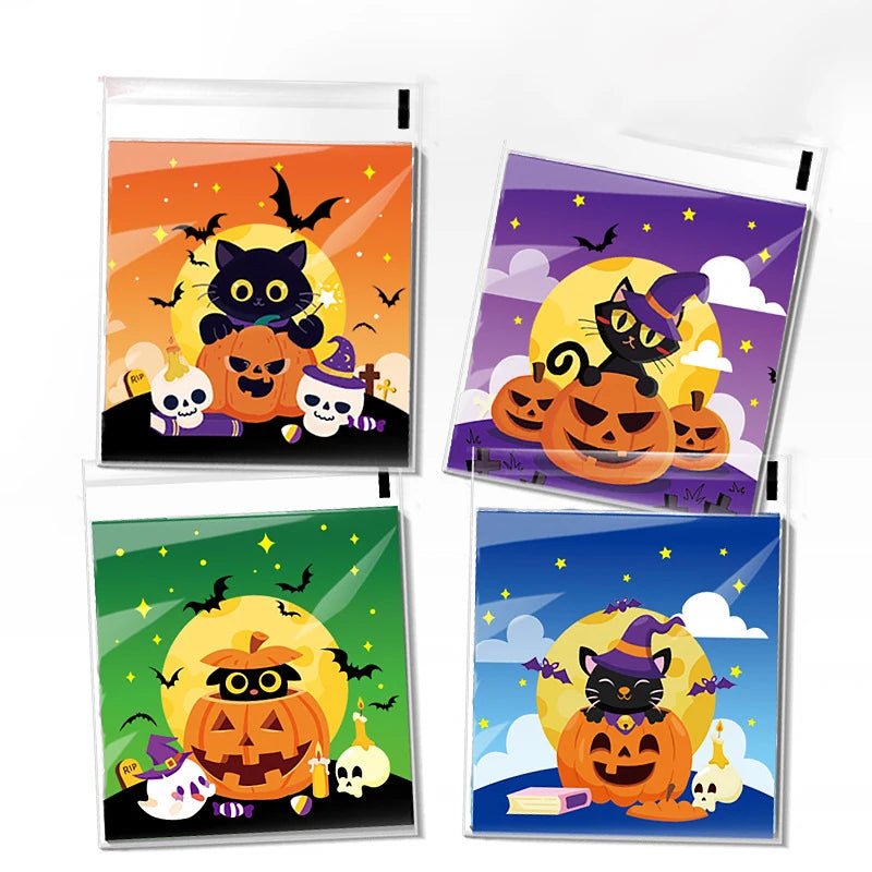 100PCS Halloween Self-Adhesive Treat Bags – Clear Candy & Cookie Packaging Bags for Kids’ Birthday Parties, Party Favors & Gifts
