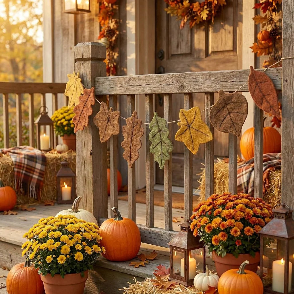 Thanksgiving Fall Maple Leaf Felt Banner – Autumn Harvest Garland for Halloween Parties, Fireplace, Wall & Home Decorations