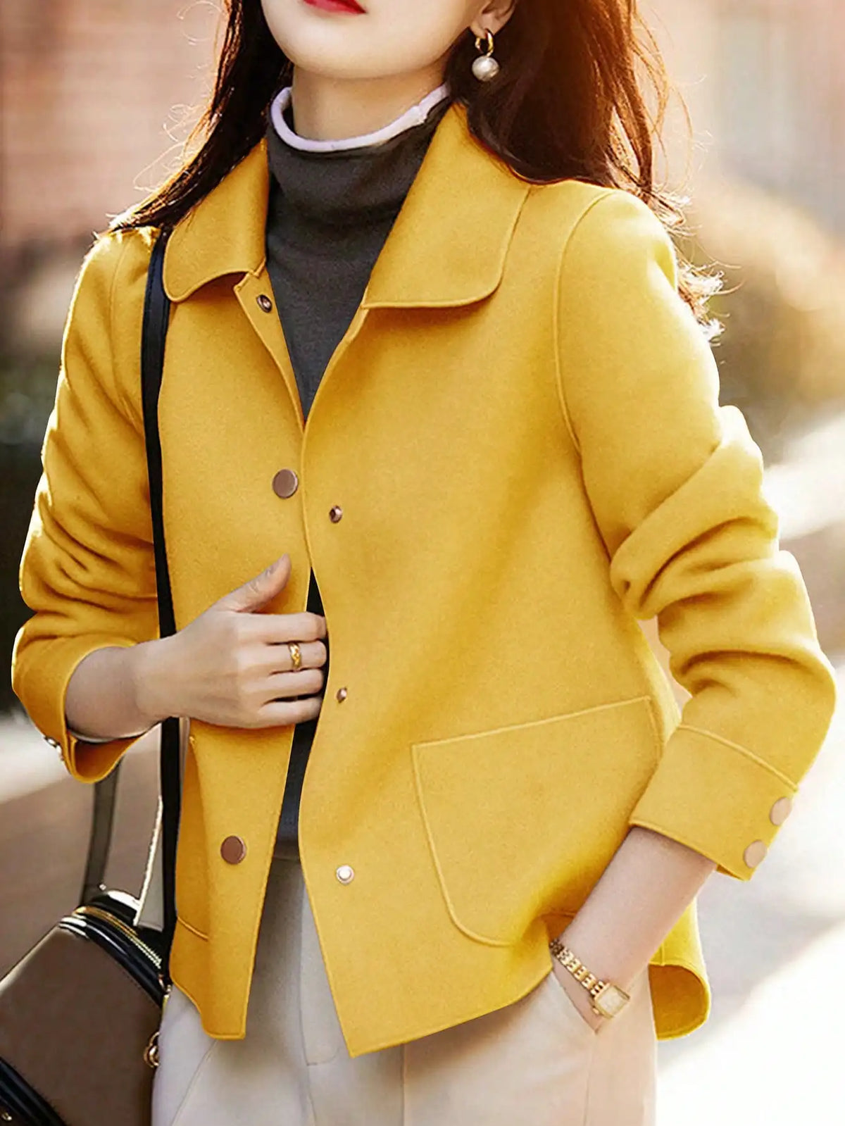 Women’s Classic Short Wool Coat – Solid Color Button-Up Jacket, Warm Autumn & Winter Fashion Outerwear