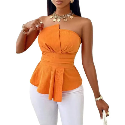 Top Peplum Strapless para Mujer – Elegante Blusa Cruzada con Cinturón para Vacaciones, Oficina y Uso Casual