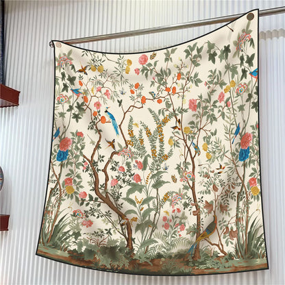 Foulard carré en soie 90 cm pour femme, motif floral, sergé de luxe, bandana, châle, hijab, cache-col, écharpe de tête