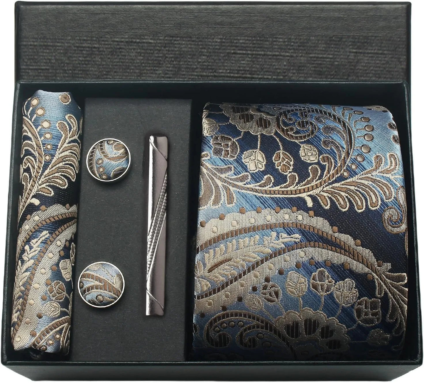 Corbata de seda 100% con diseño floral de Paisley para hombre con pañuelo de bolsillo, pasador de corbata y gemelos en caja de regalo