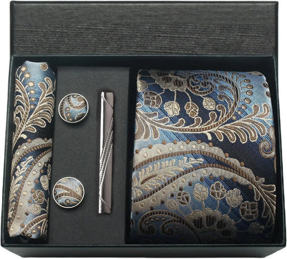 Corbata de seda 100% con diseño floral de Paisley para hombre con pañuelo de bolsillo, pasador de corbata y gemelos en caja de regalo