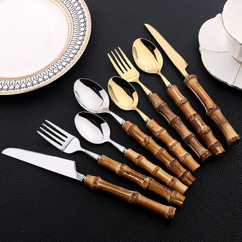 Ensemble de couverts 24 pièces avec manche en bambou – Ensemble de couverts en acier inoxydable avec manches en bois naturel, ustensiles de table pour cuisine, salle à manger, steak et dressages de table