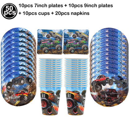 Monster Truck Birthday Party Supplies – Disposable Plates, Napkins, Banner & Tablecloth for Kids' Boys' 2nd Birthday Decorations