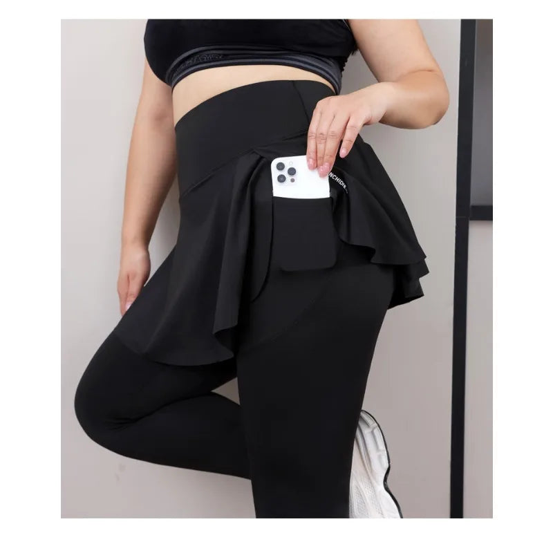 Plus Size Women's 2-in-1 Skirted Leggings – High-Waist Yoga & Training Pants with Pockets, Sharkskin Fabric & Faux Two-Piece Design