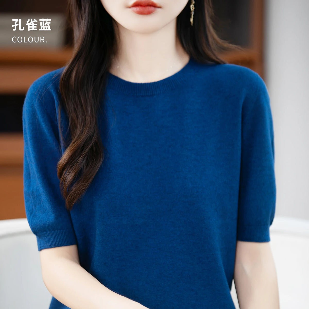 Women's 100% Wool Knitted Sweater – O-Neck Short-Sleeve Pullover, Warm Basic Casual Top for Fall & Winter, Available in 22 Colors