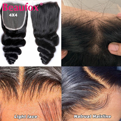 Paquetes de cabello humano indio con ondas sueltas y cierre de encaje – Extensiones de cabello natural de 3 o 4 paquetes