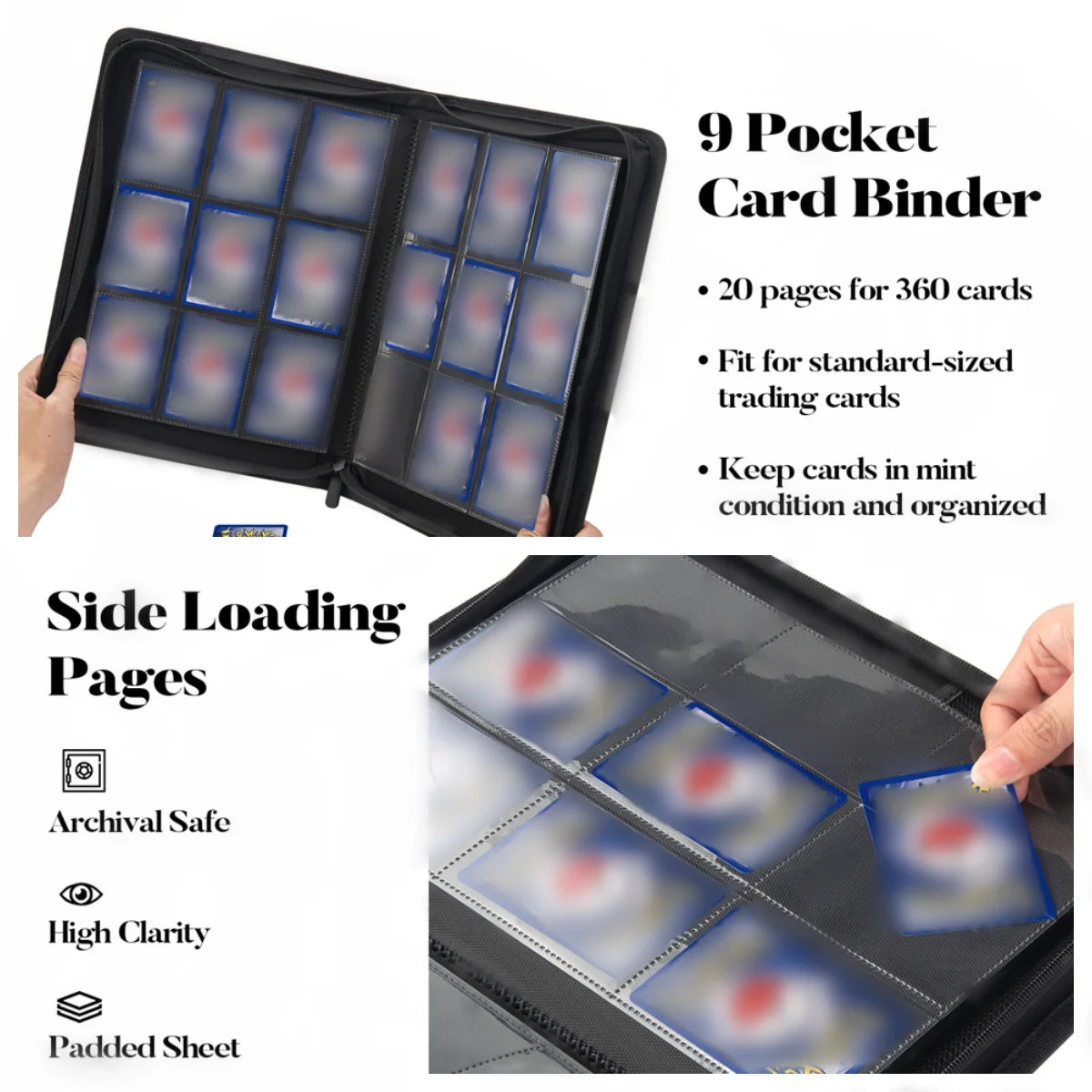 9 Pocket Zipper Trading Card Binder | 360 Card Holder Album with Premium PU Cover & Side-Loading Sleeves