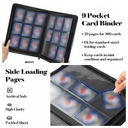 9 Pocket Zipper Trading Card Binder | 360 Card Holder Album with Premium PU Cover & Side-Loading Sleeves