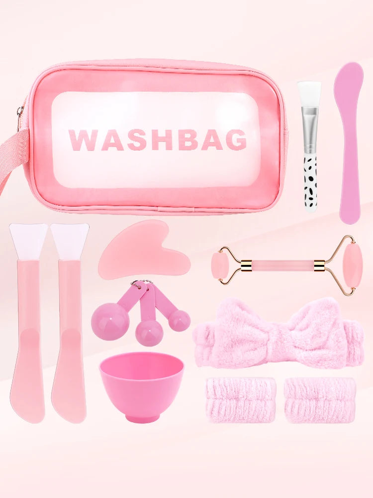 7/12PCS Facial Mask Care Kit – Pink Hair Band, Facial Massager & Scraping Board Set with Skincare Tools for Home Beauty & Face Care