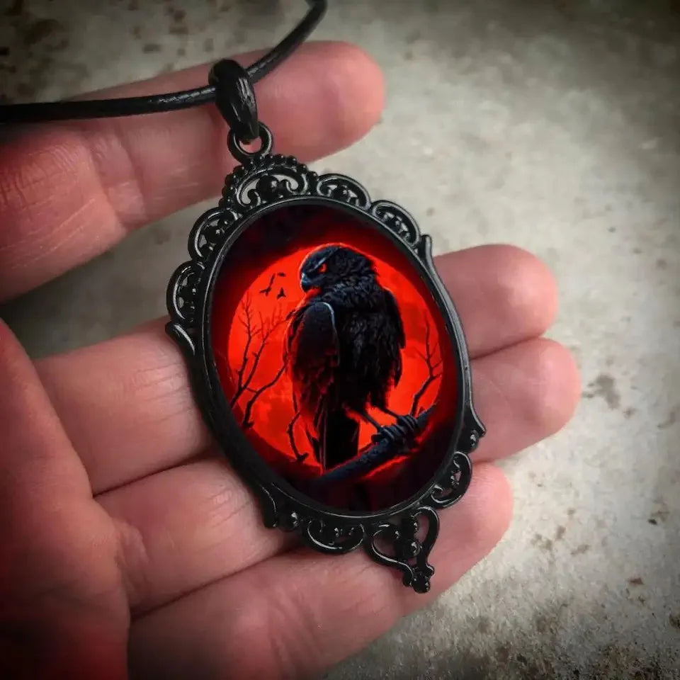 Gothic Vampire Owl Cameo Necklace – Blood Owl Glass Pendant with Rope Chain Choker for Women & Men, Witch Pagan Punk Jewelry Gift