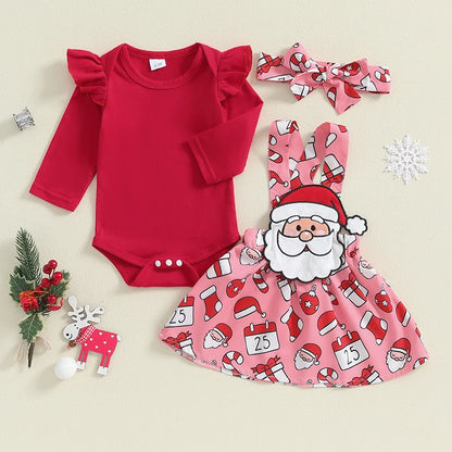 Baby Girl Christmas Outfit Set – Ruffle Long-Sleeve Romper with Santa, Gingerbread & Striped Suspender Skirt, Headband