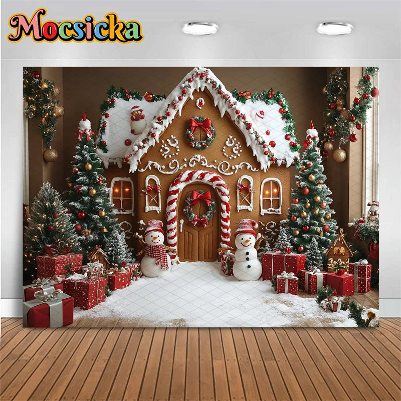 Mocsicka Christmas House Photography Backdrop – Xmas Tree, Snowman & Gifts Holiday Background for Children, Adults, Family & Party Decor