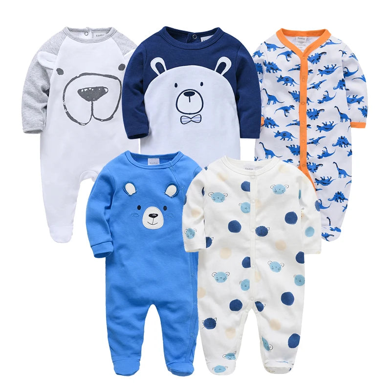Spring Baby Boy Cotton Romper – Blue Bear Print Knit Jumpsuit & Newborn Overalls Pajamas, Soft Casual Outfit for Infants & Toddlers