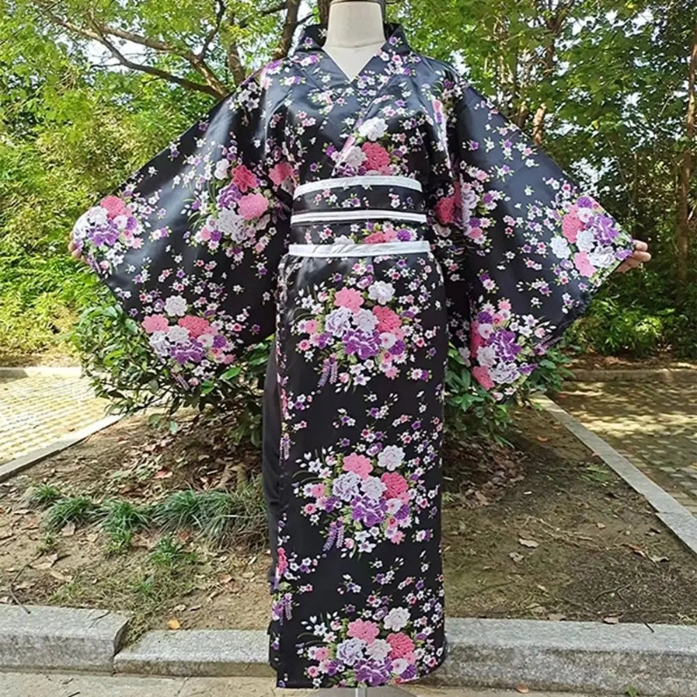 Japanese Kimono Cosplay Costume – Floral Sakura Printed Dress, Traditional Asian Style Kimono Outfit for Women Halloween & Party Wear