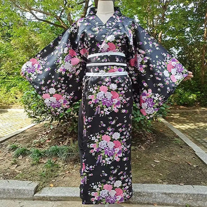 Japanese Kimono Cosplay Costume – Floral Sakura Printed Dress, Traditional Asian Style Kimono Outfit for Women Halloween & Party Wear