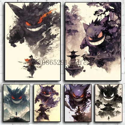 Pokémon Canvas Wall Art – Gengar Anime Ink Painting Poster Print for Living Room & Kids Room Decor