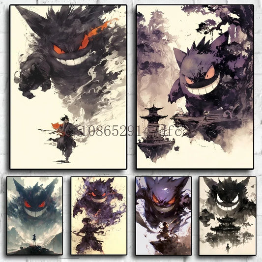 Lienzo de pared Pokémon – Gengar Anime Tinta Pintura Póster Impreso para Decoración de Sala de Estar y Habitación Infantil