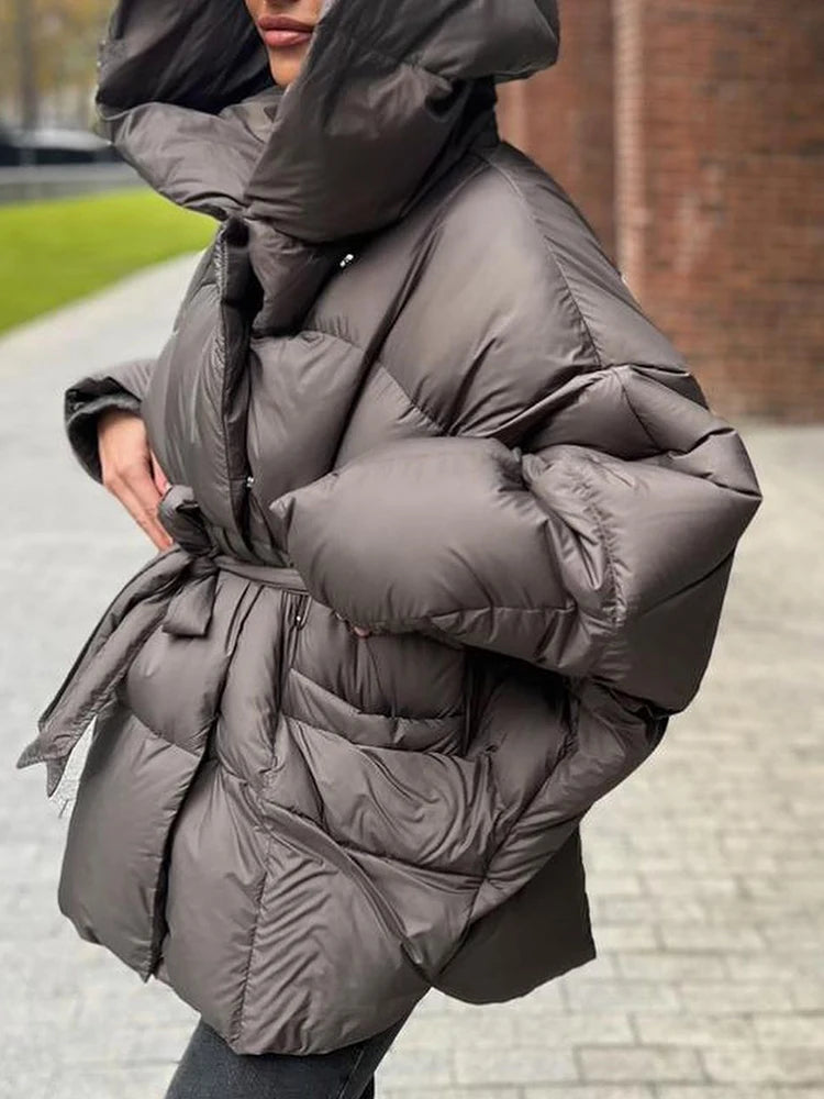 Women's 2026 Hooded Puffer Coat Batwing Sleeve Quilted Winter Jacket with Tie Waist, Warm Loose Fit Casual Streetwear Outerwear