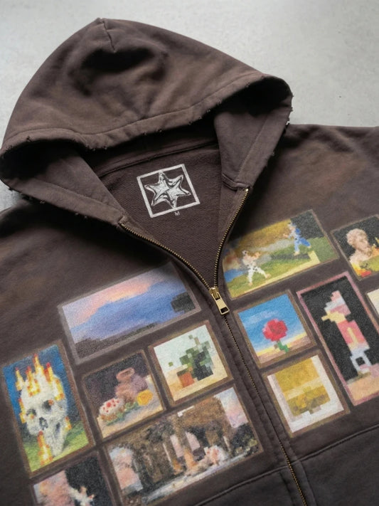Sudadera con capucha retro marrón estilo Y2K con cremallera, gráfico oversized pixelado, estilo urbano