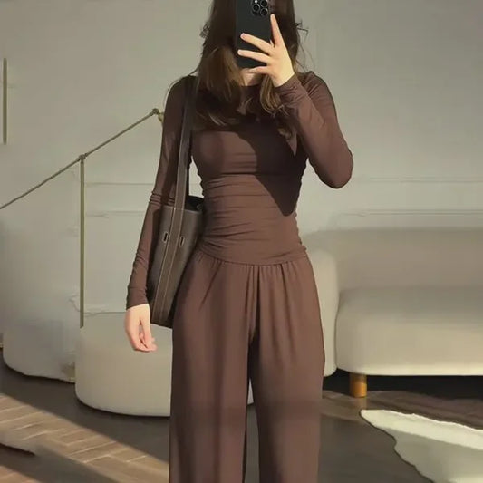 Conjunto de dos piezas para mujer, top de manga larga con cuello redondo y pantalón de cintura elástica, conjunto casual de otoño