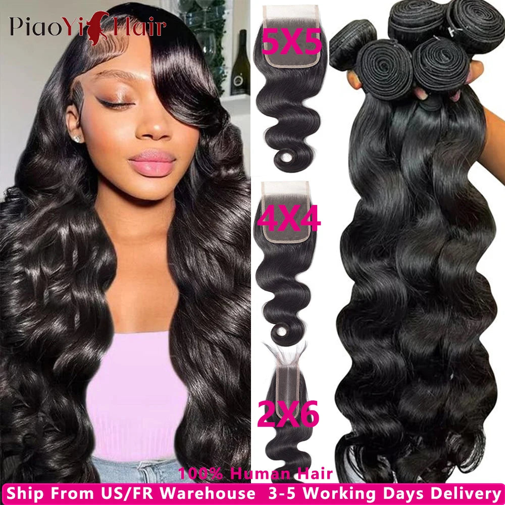 Body Wave Human Hair Bundles with 4x4/5x5 Lace Closure – 100% Raw Human Hair Weave Extensions | 2x6 Middle Part Lace Wig Set