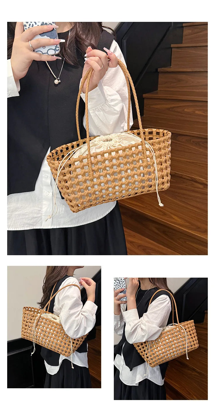 Bolso Cesta de Paja Tejido a Mano para Mujer – Bolso de Hombro de Ratán, Bolso de Playa de Verano para Mujer, Cartera de Viaje de Diseño para Compras, Vacaciones y Salidas Casuales