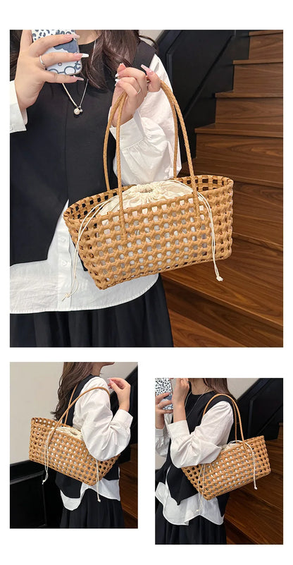 Bolso Cesta de Paja Tejido a Mano para Mujer – Bolso de Hombro de Ratán, Bolso de Playa de Verano para Mujer, Cartera de Viaje de Diseño para Compras, Vacaciones y Salidas Casuales
