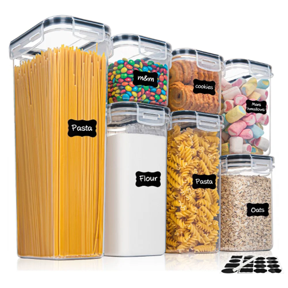 Juego de 7 Recipientes Herméticos para Alimentos, Plástico sin BPA, Botes de Cocina con Etiquetas y Rotulador