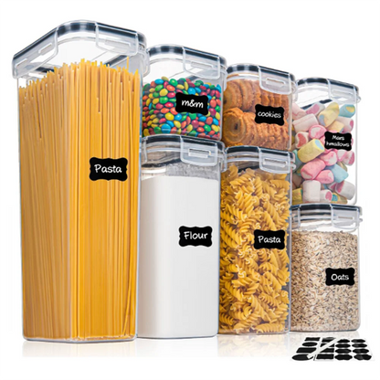 Juego de 7 Recipientes Herméticos para Alimentos, Plástico sin BPA, Botes de Cocina con Etiquetas y Rotulador
