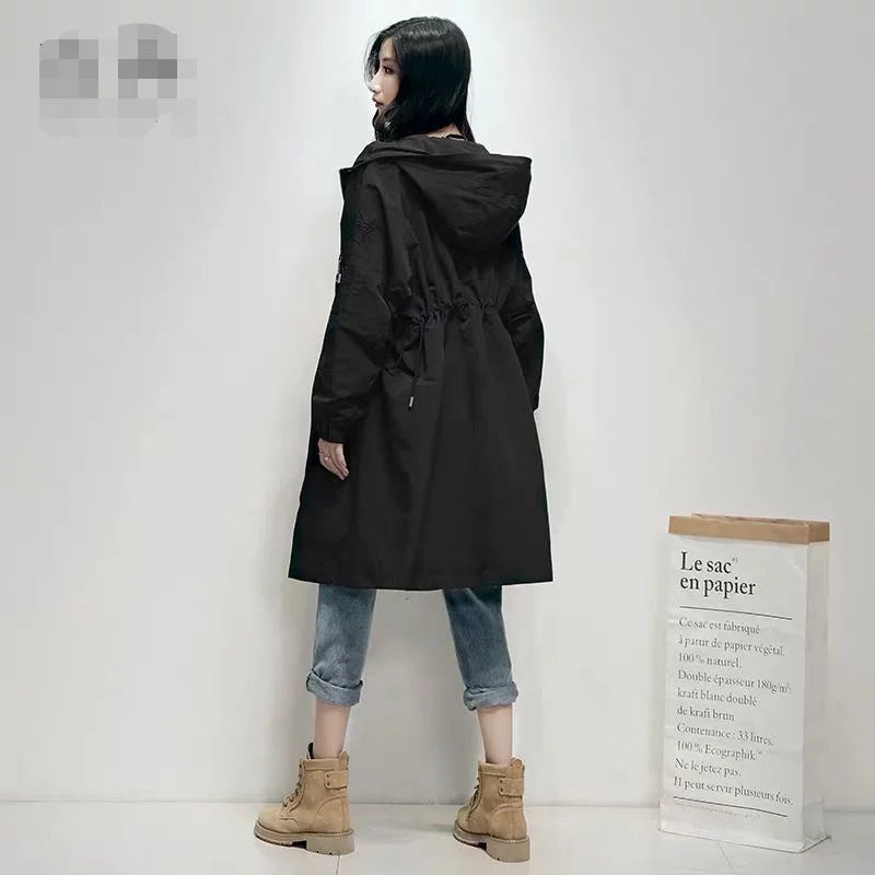 Women’s Long Embroidered Windbreaker – Chic Loose-Fit Coat with Waist-Defining Design, Hong Kong-Inspired Spring & Autumn Outerwear
